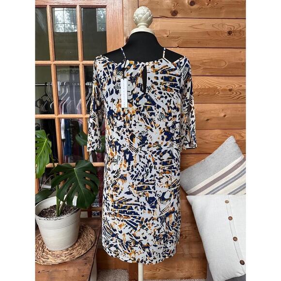 THREE EIGHTY TWO Multicolor Cold Shoulder Abstract Print Shift Dress NWT Sz S - Picture 7 of 15